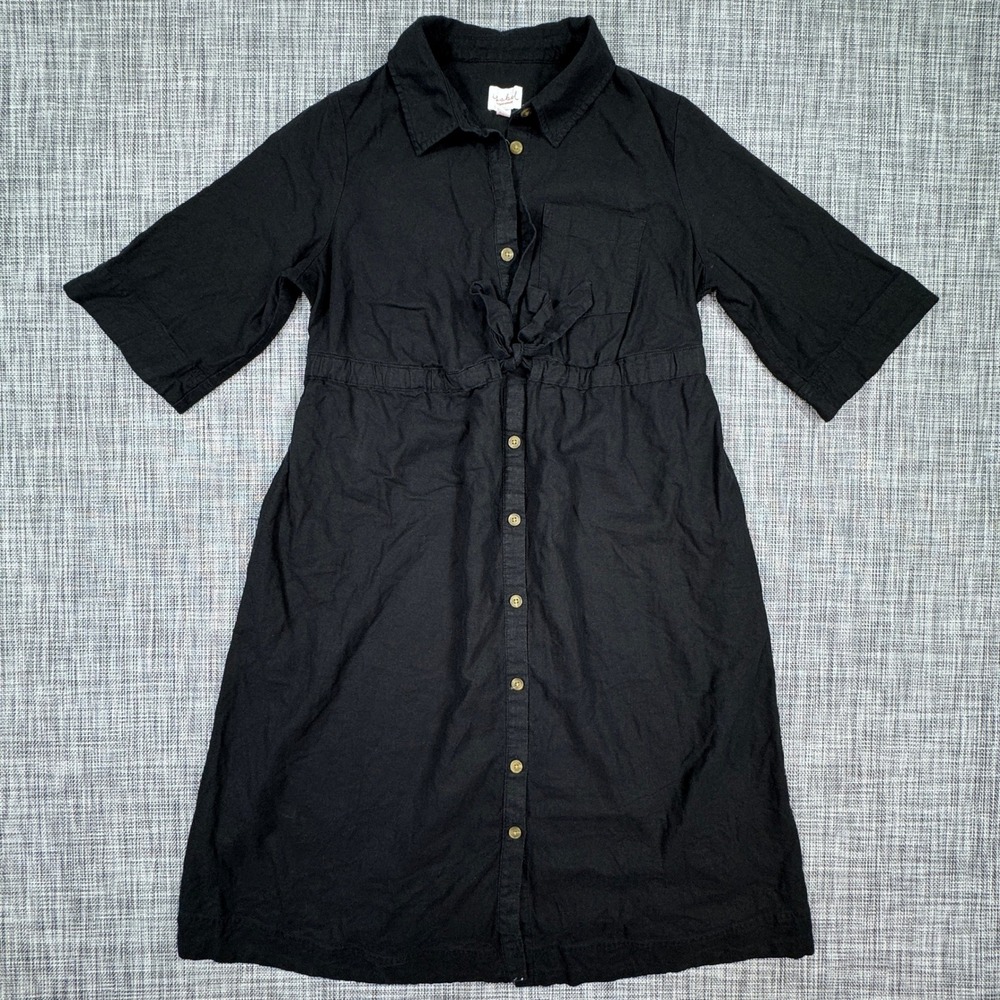 Isabel Maternity Medium Shirt Dress Black Linen Blend Button Front Tie Waist